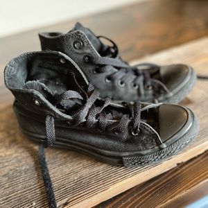 All black converse high top shoes, size 2